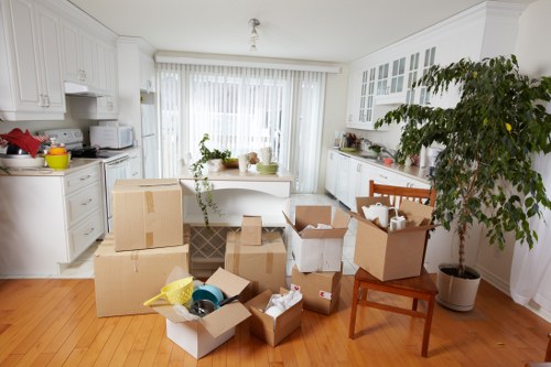 Worker assessing boxes and furniture before lifting